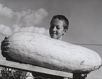 11 year old boy holding 47 pound banana squash