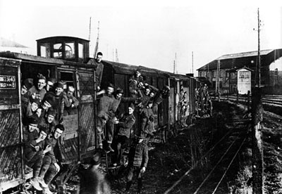 Troops being transported on 40 ET 8 boxcars