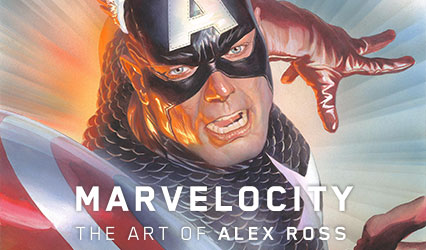Marvelocity: The Art of Alex Ross is typed over an image of Captain America