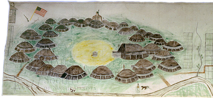 Mandan village at Fort Clark, sketch on muslin