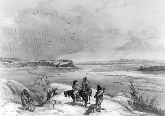 Bodmer sketch of Fort Clark and river crossing