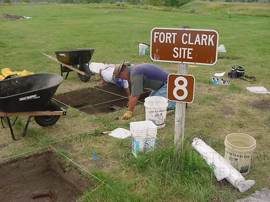 Fort Clark excavation behind site sign