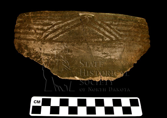 pottery rim sherd, rainbow motif